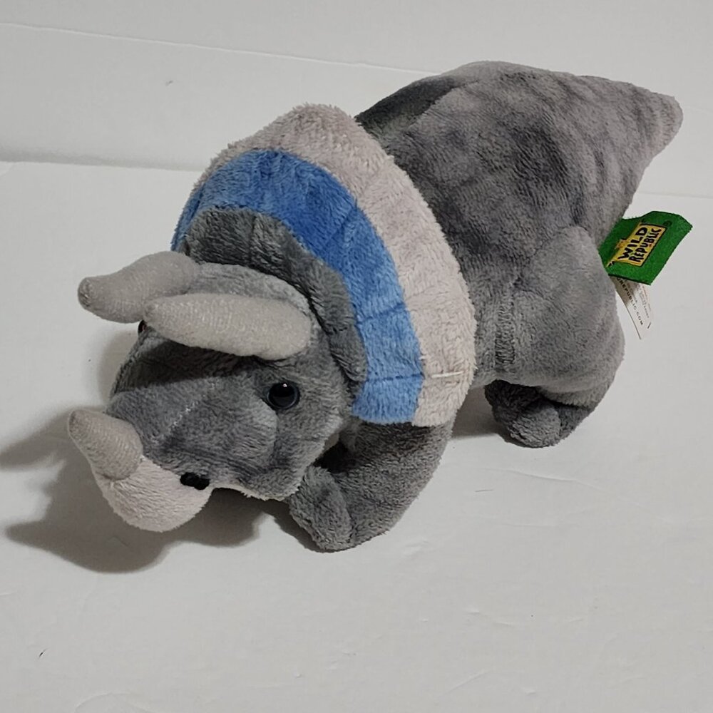 Wild Republic Triceratops Dinosaur Plush Gray Blue Stuffed Animal Toy 10"